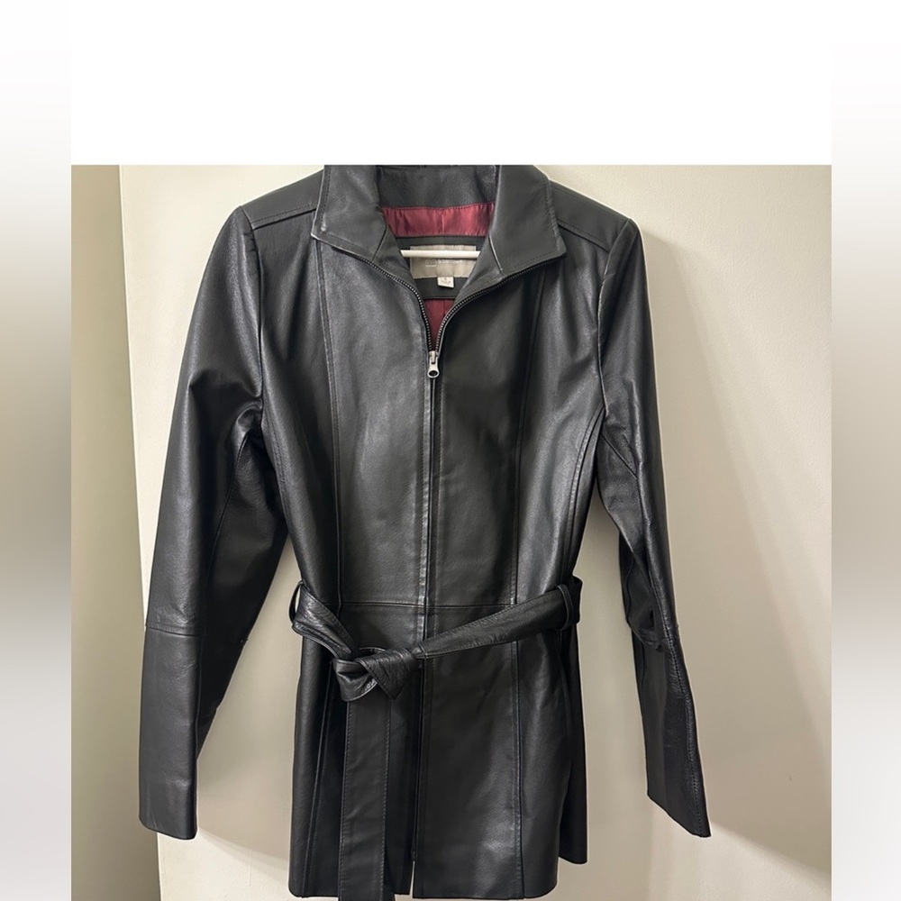 Vintage Worthington 100% Leather Full Zip Belted Jacket Coat Blazer Black SzM